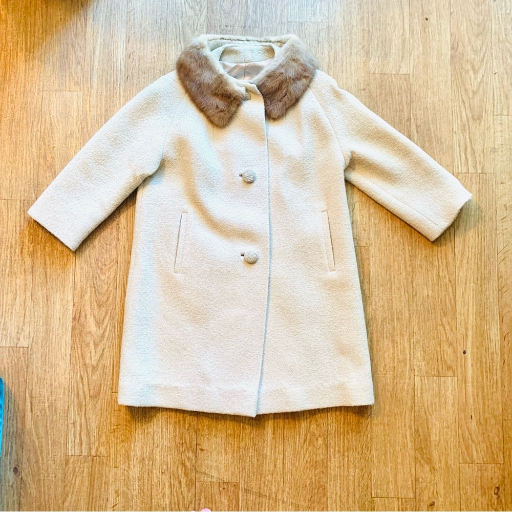 Vintage Women’s Medium Stevens Hockanum Beige Wool Coat TOPAZ Fur Collar